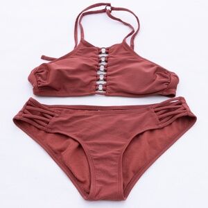 Xhilaration Size S Tuscan Red Bikini w/ Lightly Padded Halter Style Top